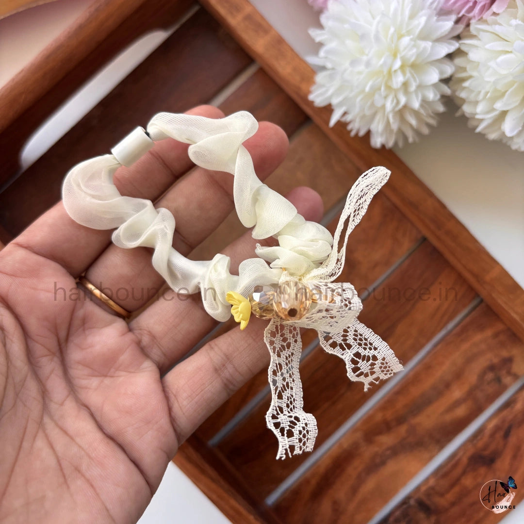 Luxury Lace Bow Scrunchie – Soft Chiffon Hair Tie with Crystal Charm