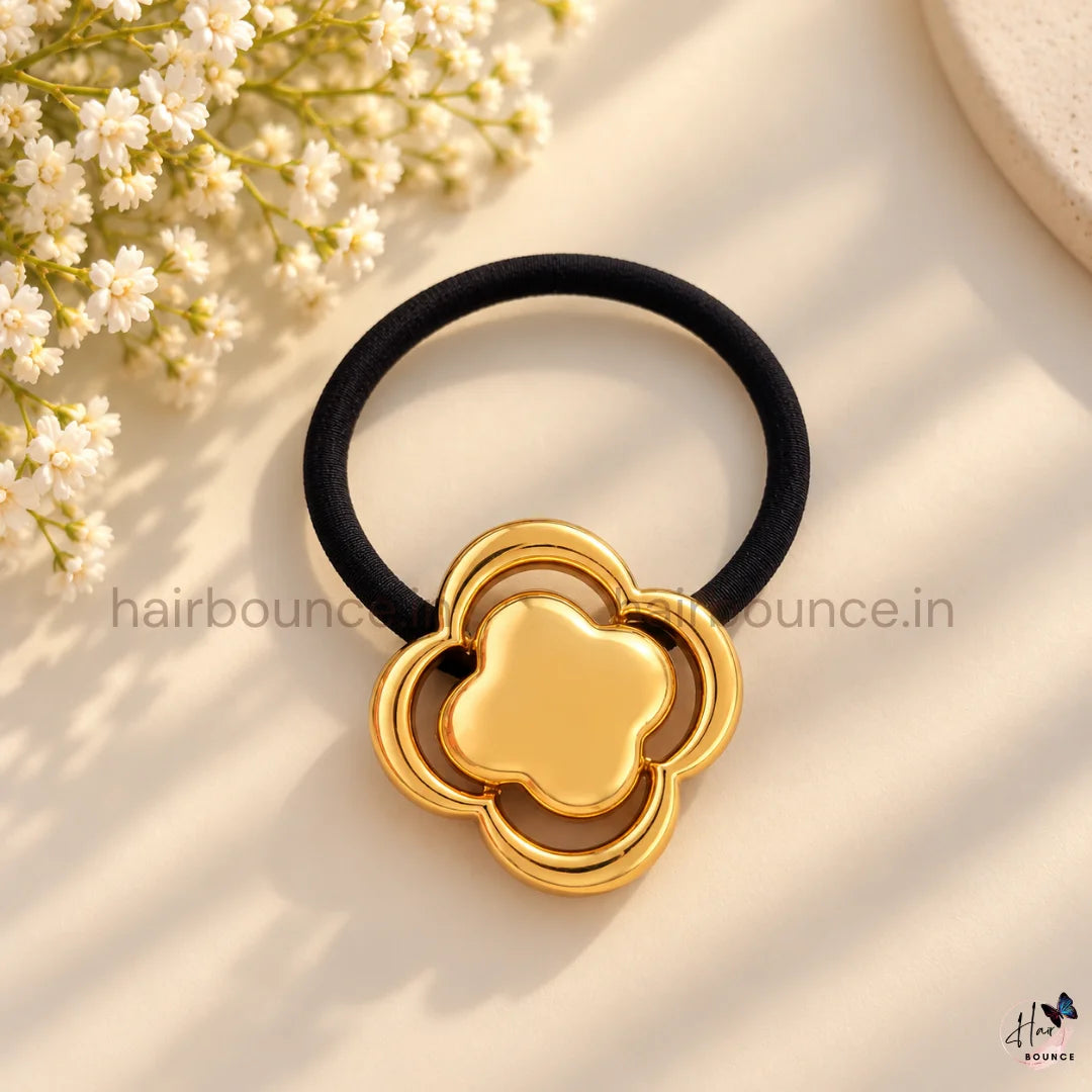 Elegant Clover Flower Metal Ponytail Holder – Gold & Silver