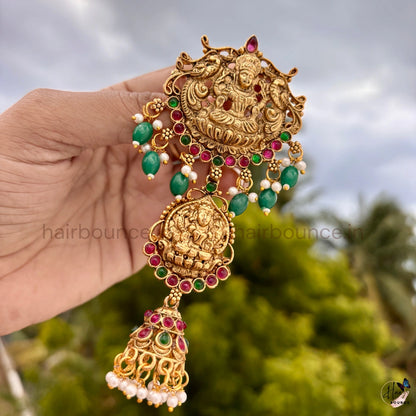 Lakshmi Peacock Kemp Jada Billa with Green Bead & Jhumka Hangings