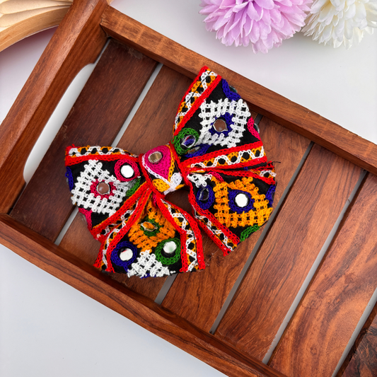 Navratri Embroidered Mirror Bow Hair Clip