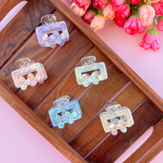 Dual Flower Square Marble Finish Hair Claw - Medium