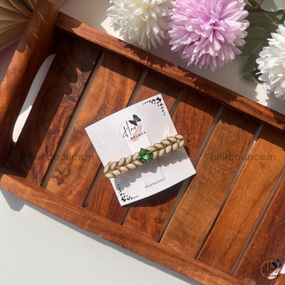 Emerald Pearl Leaf Barrette Hair Clip