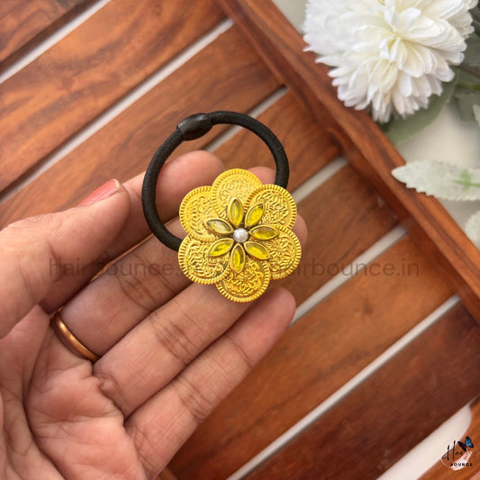 Yellow Kundan Floral Hair Tie