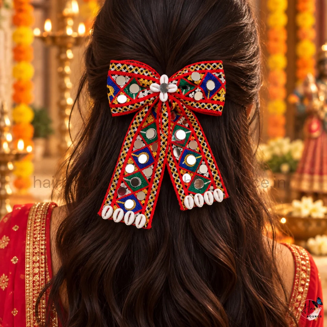 Navaratri Black Mirror Work Embroidered Hair Bow with Cowrie Shells