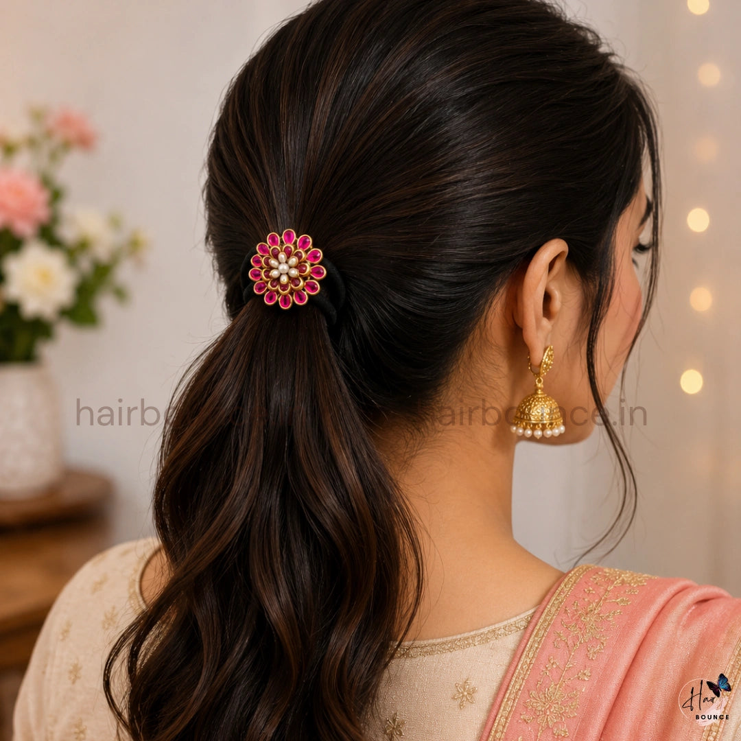 Pink Kundan Floral Hair Tie with Pearl Detailing