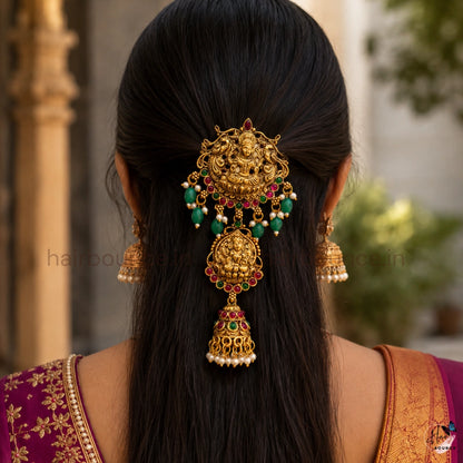 Lakshmi Peacock Kemp Jada Billa with Green Bead & Jhumka Hangings