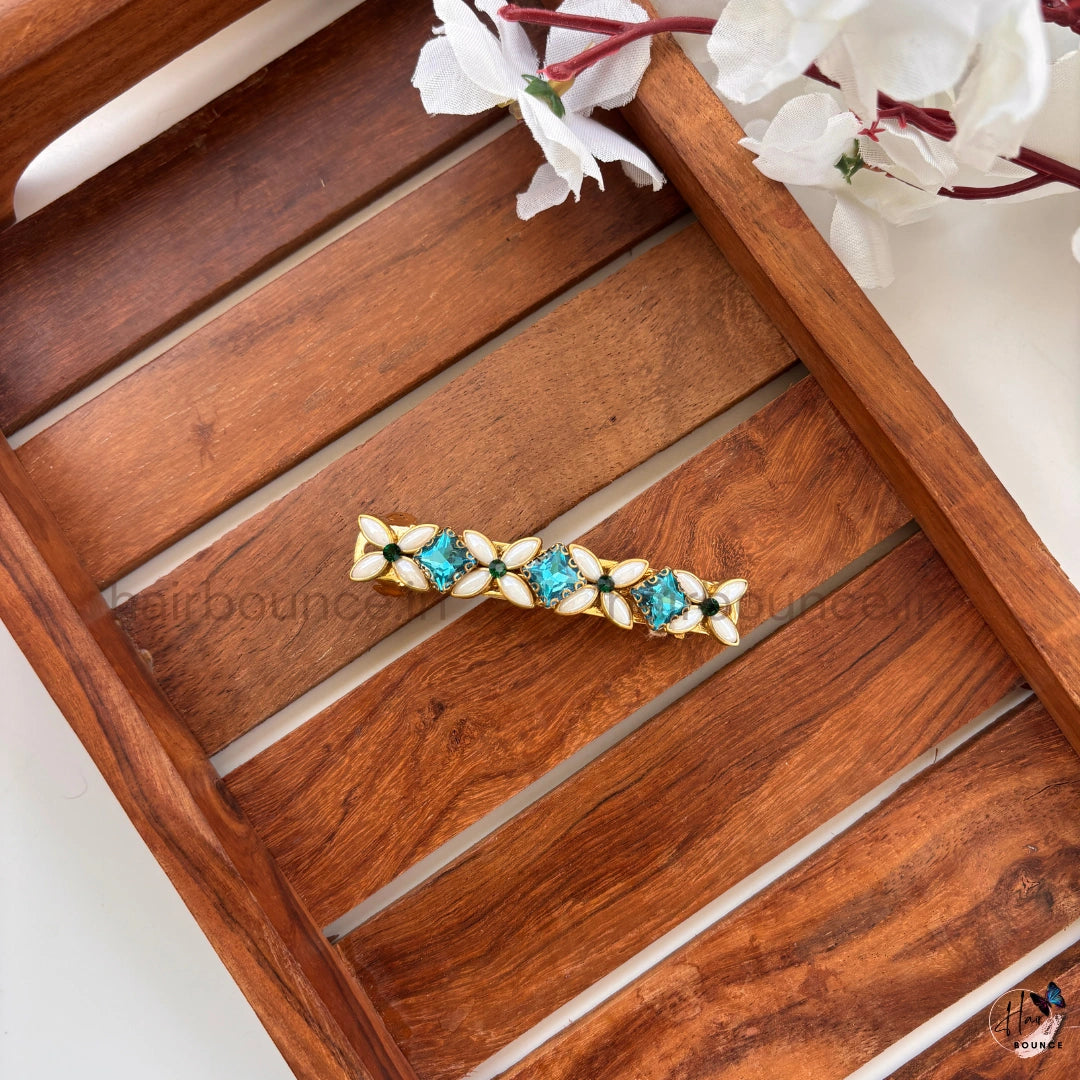 Sky Blue Floral Crystal Center Hair Clip