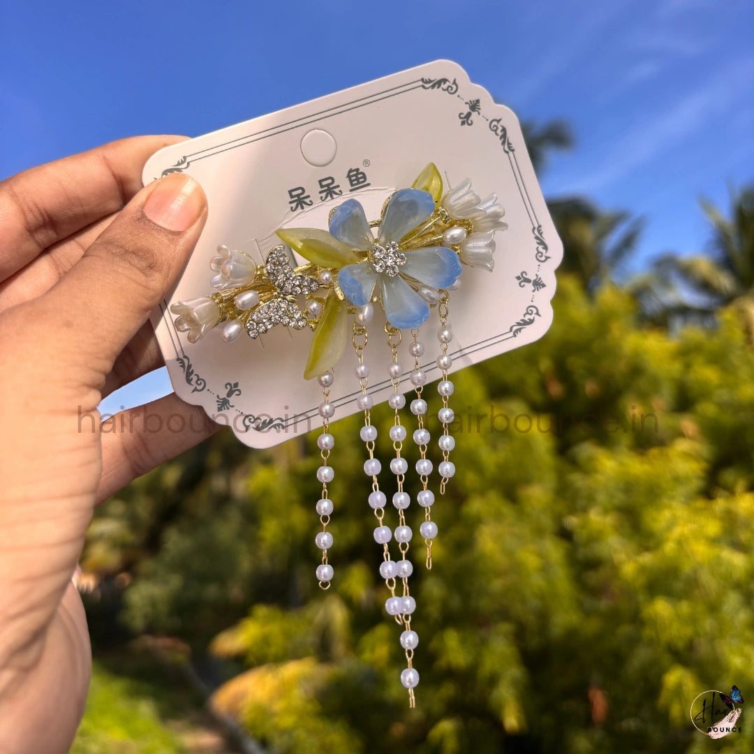 Crystal Butterfly Blossom Pearl Tassel Hair Clip with Dangling Chains