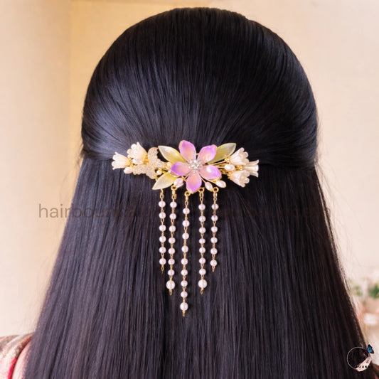 Imperial Bloom Pearl Drop Hair Barrette – Luxury Floral Rhinestone Hanging Clip