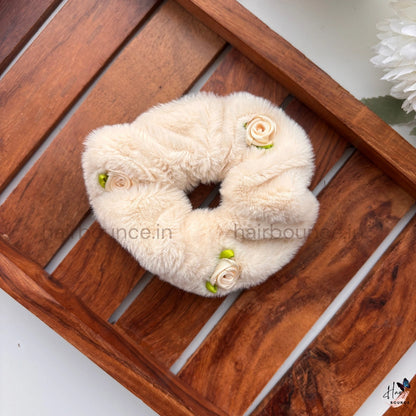 Fur Floral Scrunchie – Soft Plush Hair Tie with Rose Detail