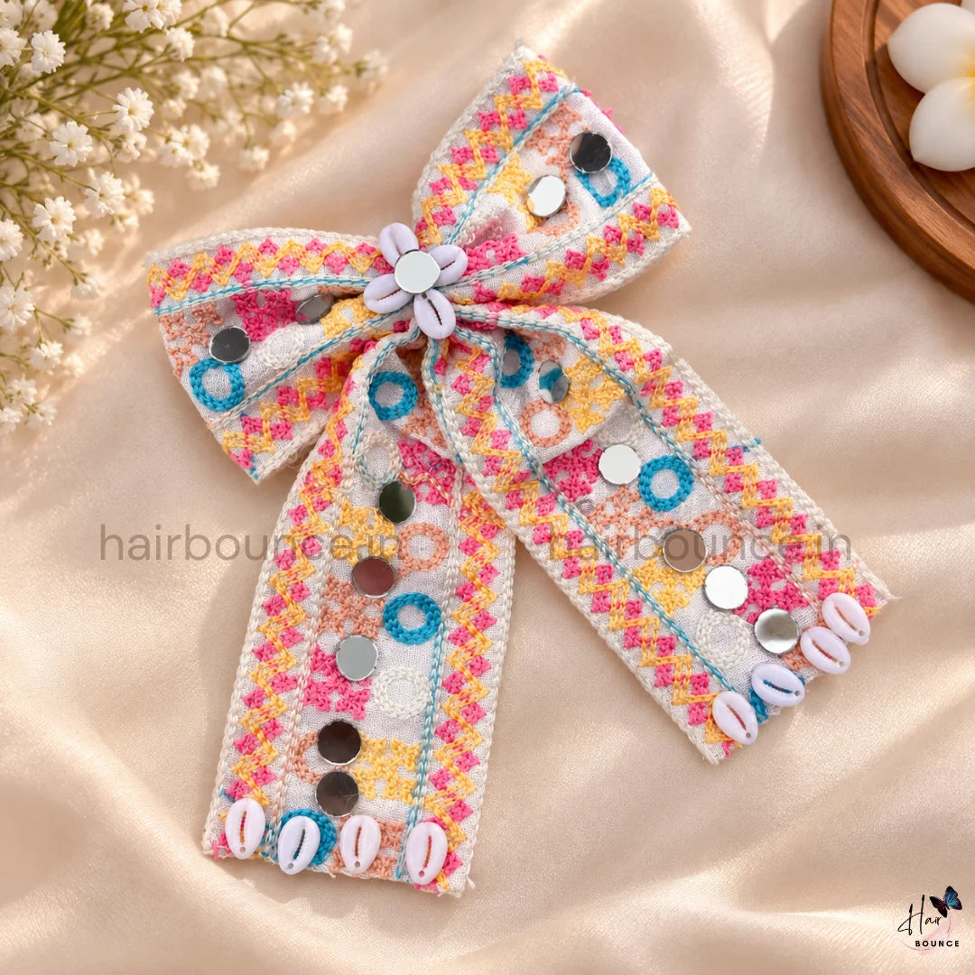 Navaratri Multicolour Mirror Work Hair Bow with Cowrie Shells