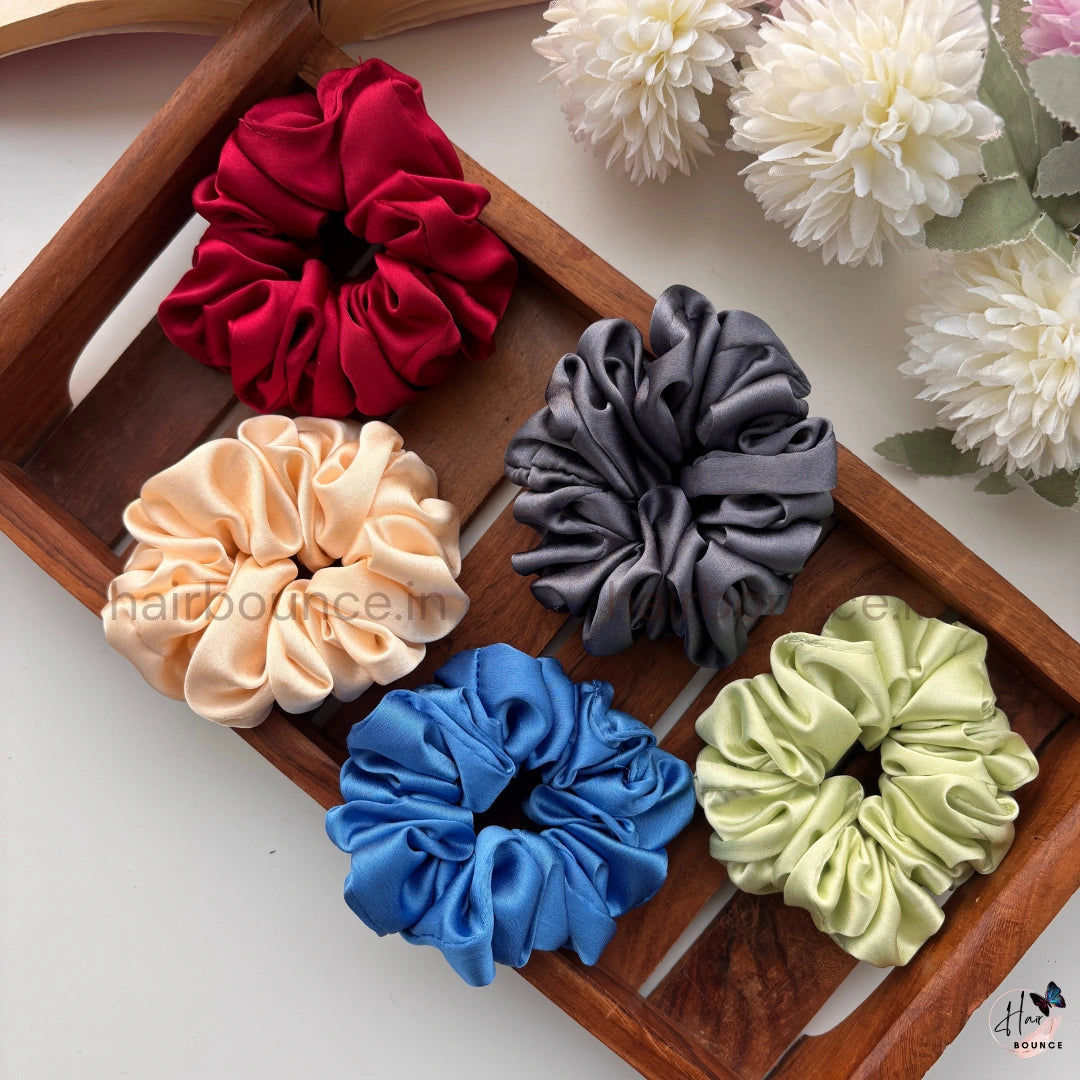 Everyday Solid Satin Scrunchies – Set of 5 (Regular)