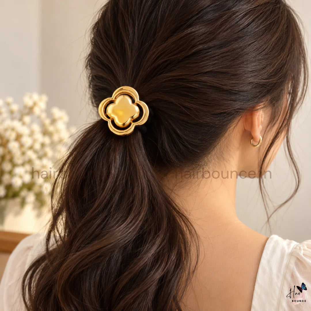 Elegant Clover Flower Metal Ponytail Holder – Gold & Silver