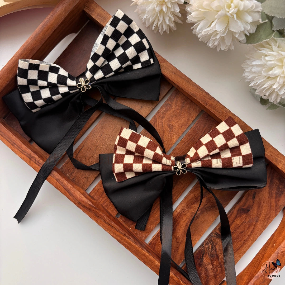 Checkered Bow Hair Clip with Ribbon