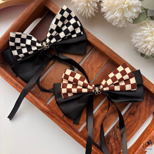 Checkered Bow Hair Clip with Ribbon