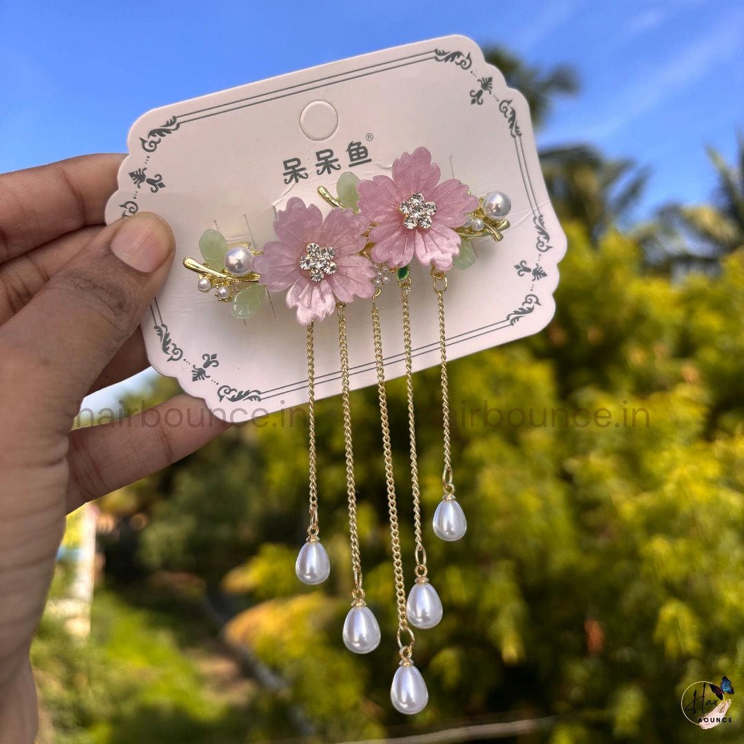 Double Sakura Blossom Pearl Tassel Hair Clip with Dangling Chains