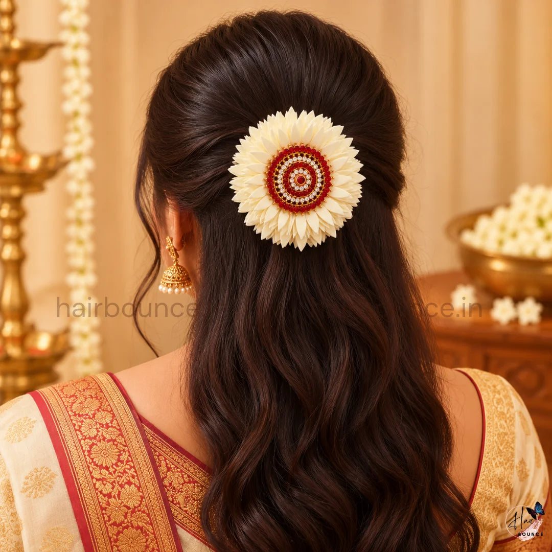 Traditional Pitchi Poo Kemp Stone Floral Center Hair Clip – Ivory White