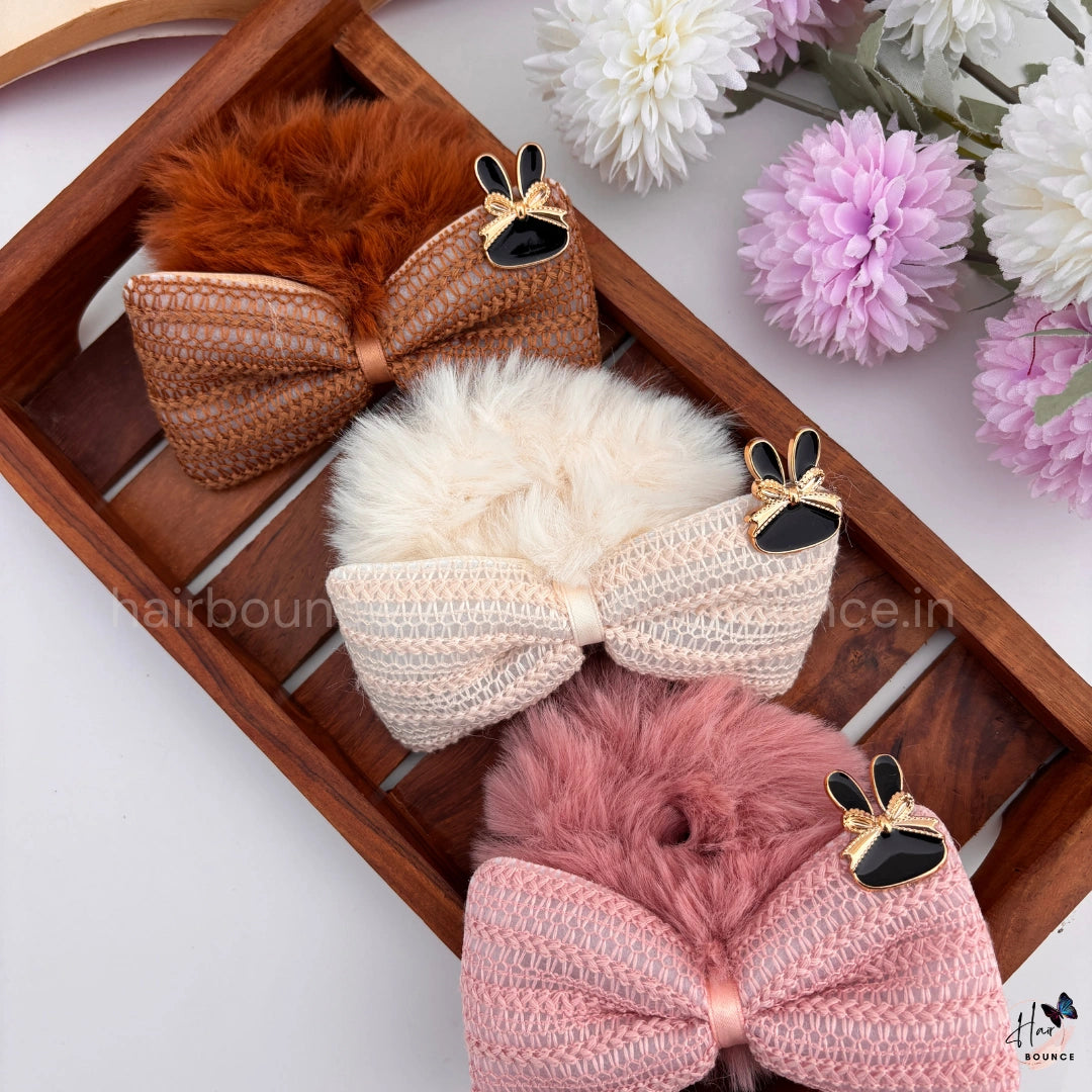 Luxe Fur Bow Scrunchie with Bunny Charm – Available in 6 Colours