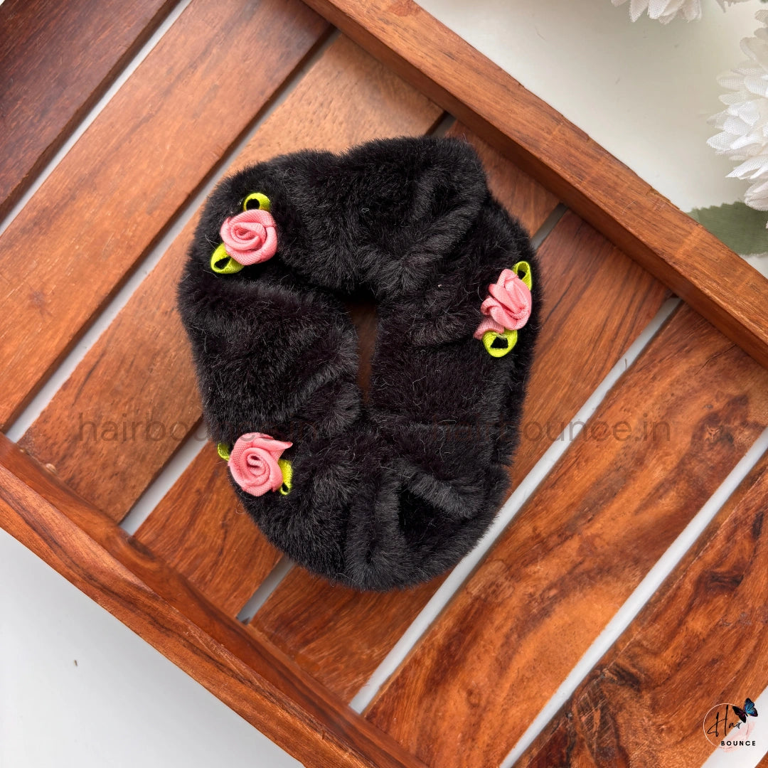 Fur Floral Scrunchie – Soft Plush Hair Tie with Rose Detail