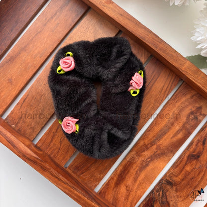 Fur Floral Scrunchie – Soft Plush Hair Tie with Rose Detail
