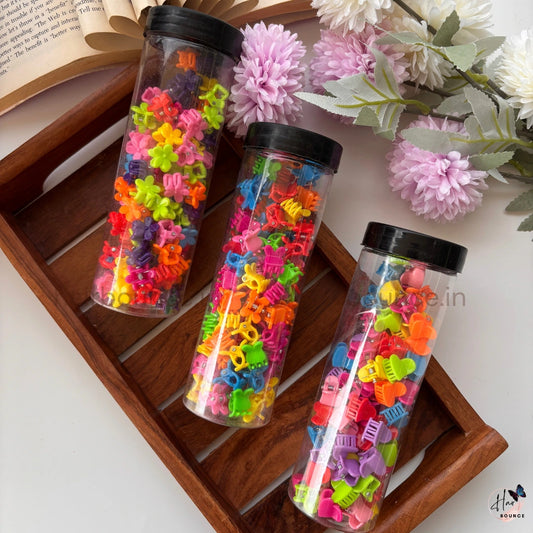 Mini Colorful Hair Claw Clip Set in Tube – Butterfly, Flower & Heart Mix - Pack of 95