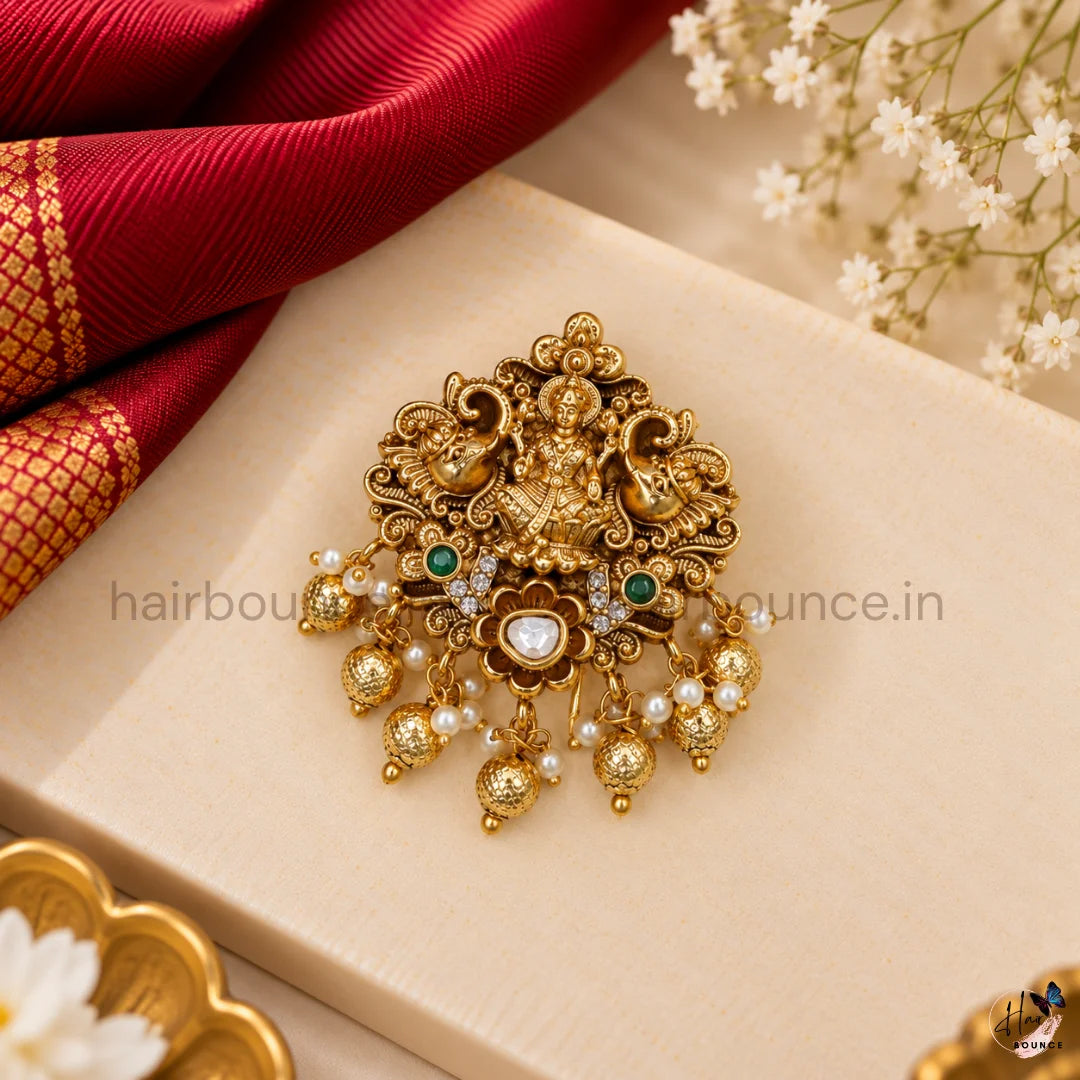Premium Goddess Lakshmi Peacock Temple Hair Brooch with Kundan & Bead Hangings