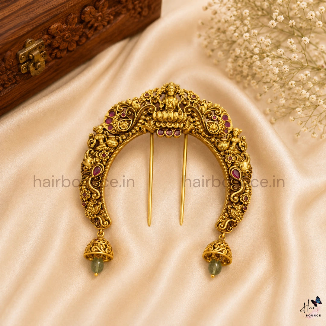 Antique Lakshmi Peacock Hair Bun Pin with Jhumka Hangings