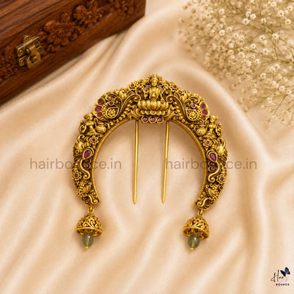 Antique Lakshmi Peacock Hair Bun Pin with Jhumka Hangings