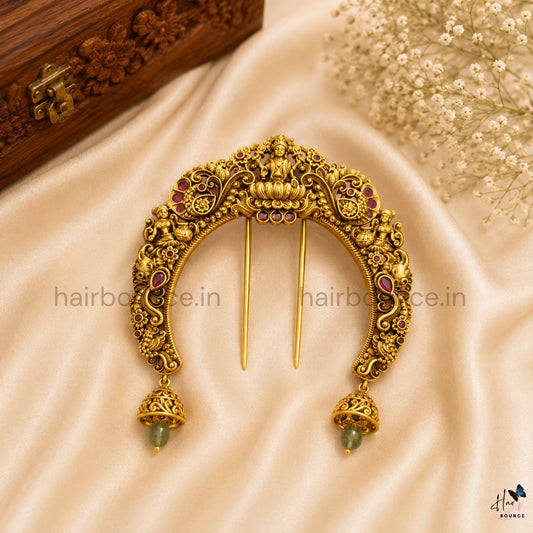 Antique Lakshmi Peacock Hair Bun Pin with Jhumka Hangings