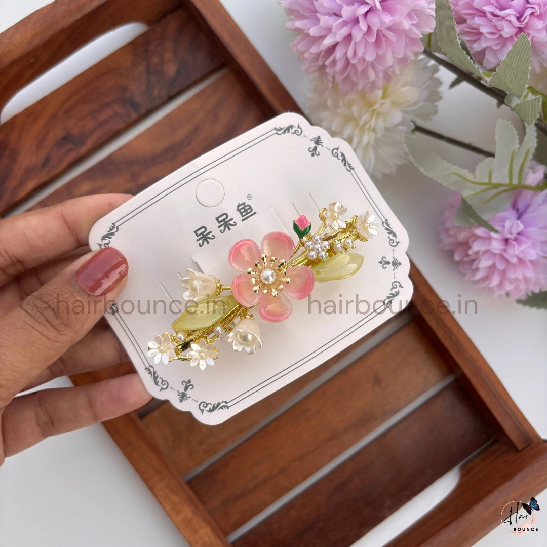 Spring Blossom Pearl Hair Barrette – Elegant Floral Clip
