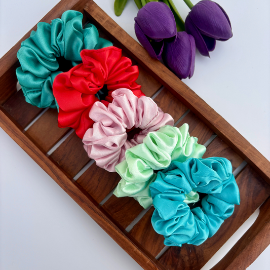 Glossy Charm Satin Scrunchies – Pack of 5 / Regular