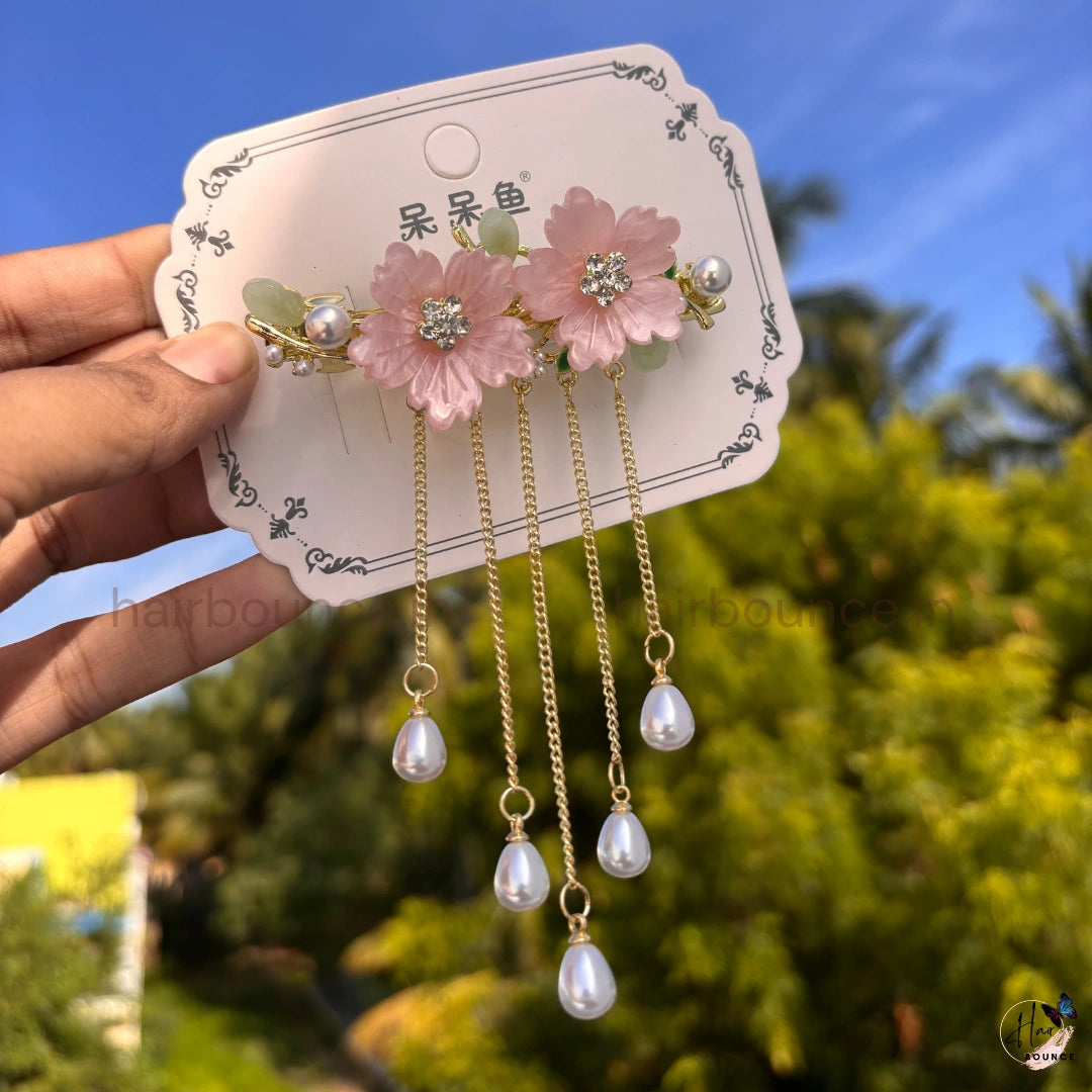 Double Sakura Blossom Pearl Tassel Hair Clip with Dangling Chains