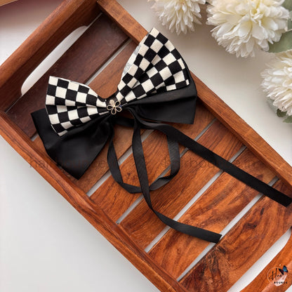 Checkered Bow Hair Clip with Ribbon