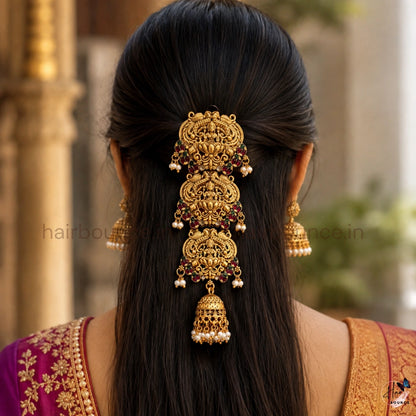 Lakshmi Peacock Antique Jada Billa with Jhumka & Pearl Hangings