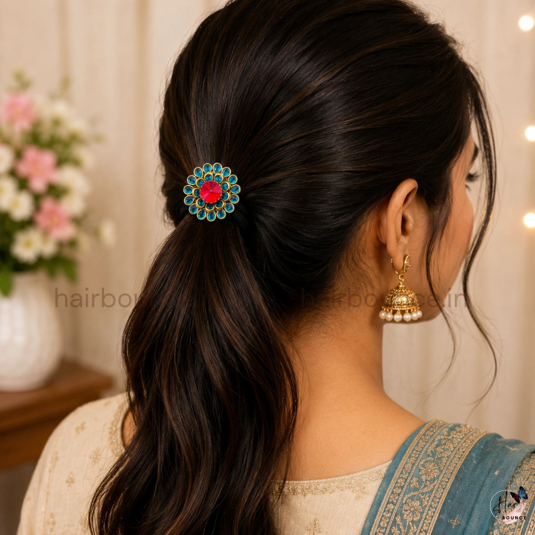 Blue Kundan Floral Hair Tie with Red Stone