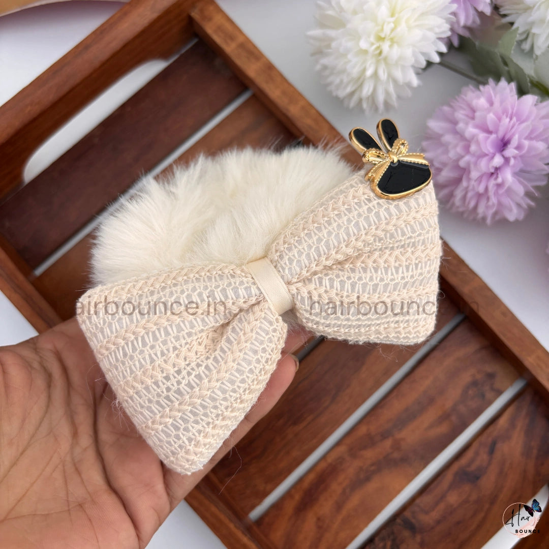 Luxe Fur Bow Scrunchie with Bunny Charm – Available in 6 Colours