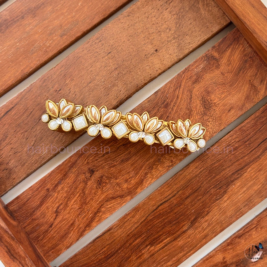 Pearl Lotus Kundan Traditional Center Hair Clip