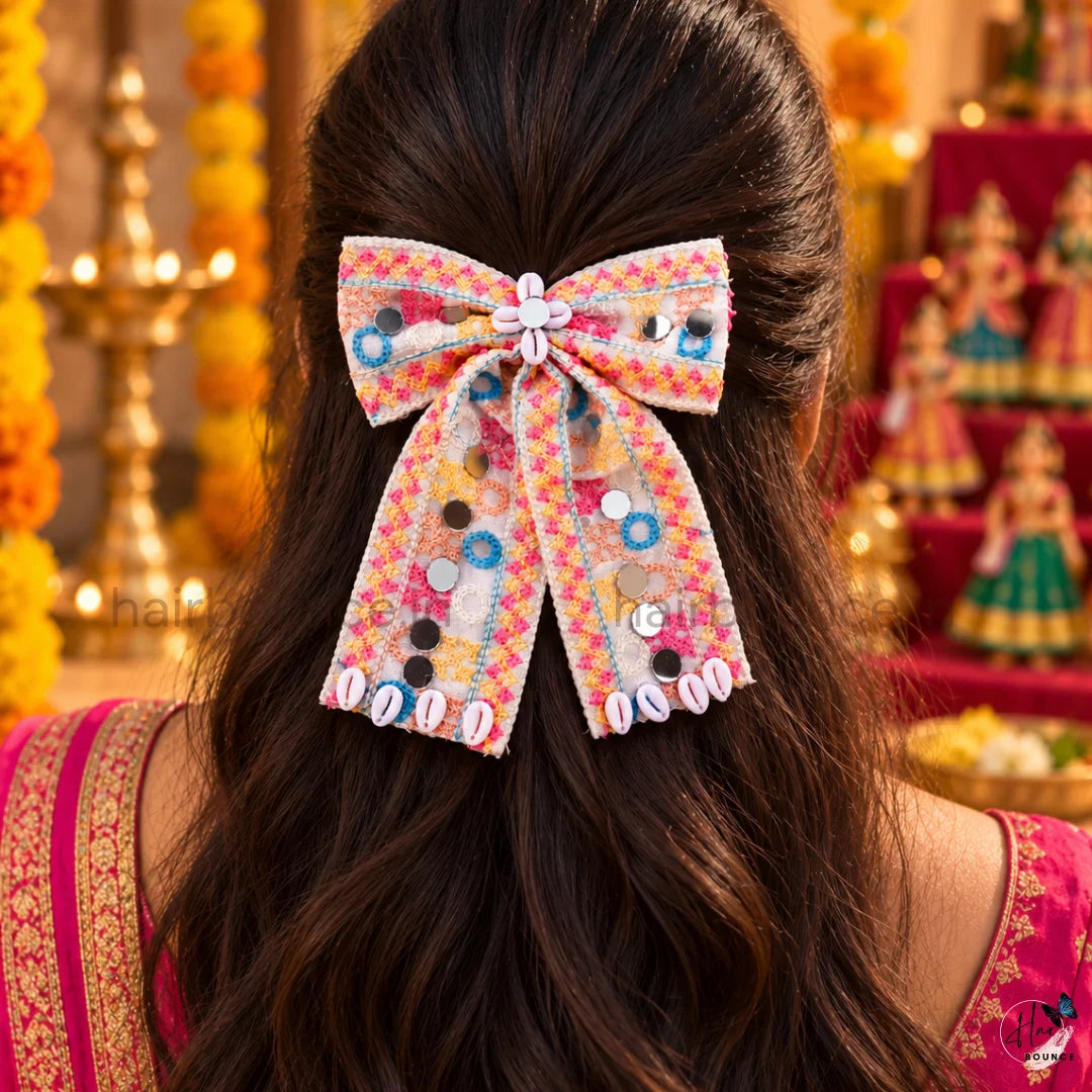 Navaratri Multicolour Mirror Work Hair Bow with Cowrie Shells