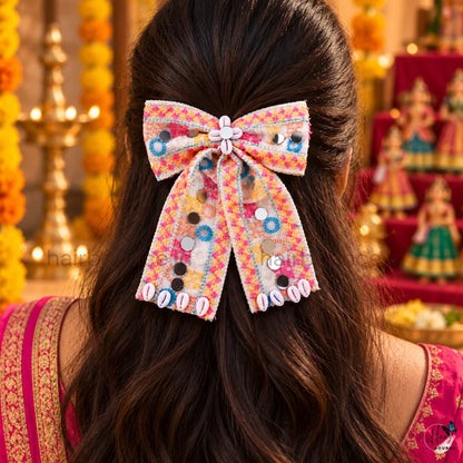 Navaratri Multicolour Mirror Work Hair Bow with Cowrie Shells