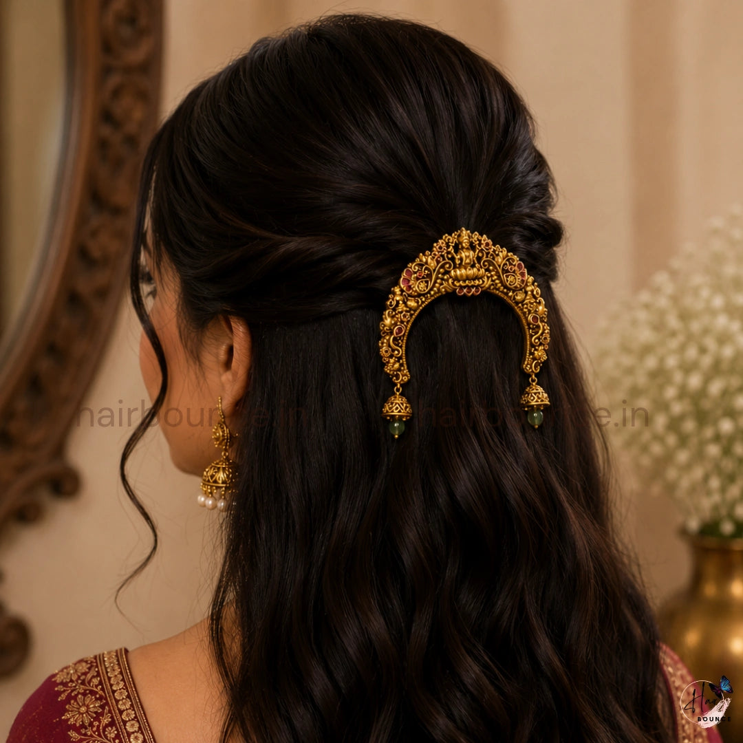 Antique Lakshmi Peacock Hair Bun Pin with Jhumka Hangings