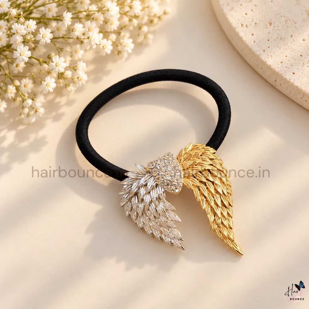 Angel Wings Crystal Heart Metal Ponytail Holder – Gold & Silver