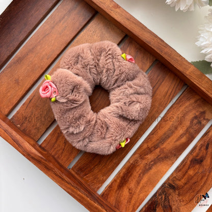 Fur Floral Scrunchie – Soft Plush Hair Tie with Rose Detail