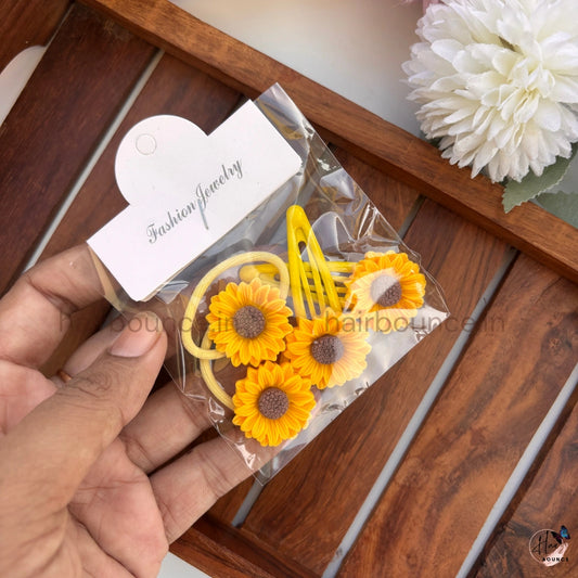 Sunflower Kids Hair Accessories Set – Cute Floral Hair Clips & Ponytail Holder (4 PCS)
