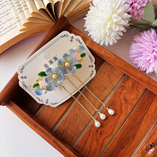 Blossom Pearl Chain Hair Clip – Elegant Floral Dangling Metal Barrette