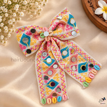Navaratri Multicolour Mirror Work Hair Bow with Cowrie Shells