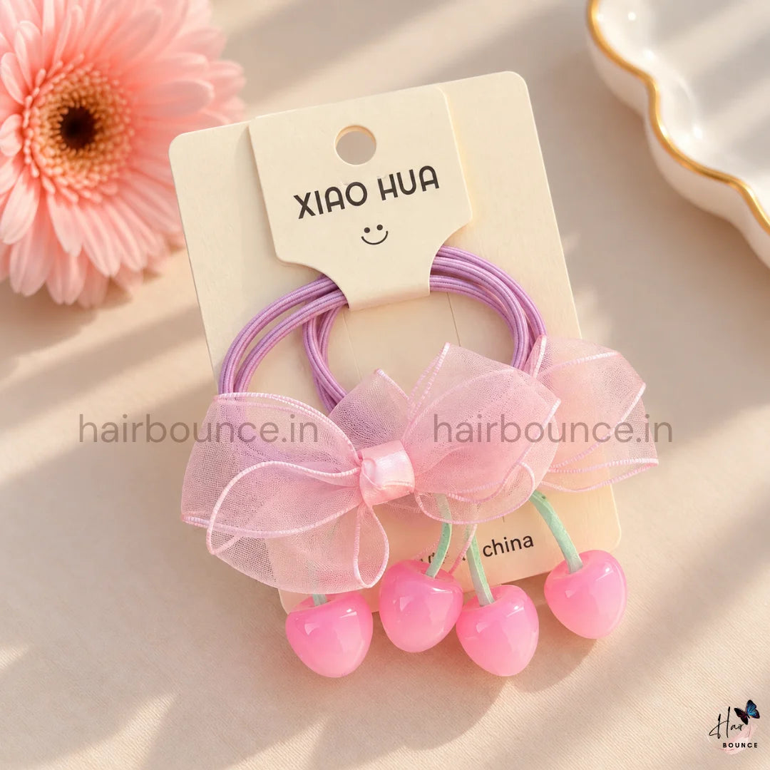 Pink Organza Cherry Bow Hair Rubber Bands – Pack of 2