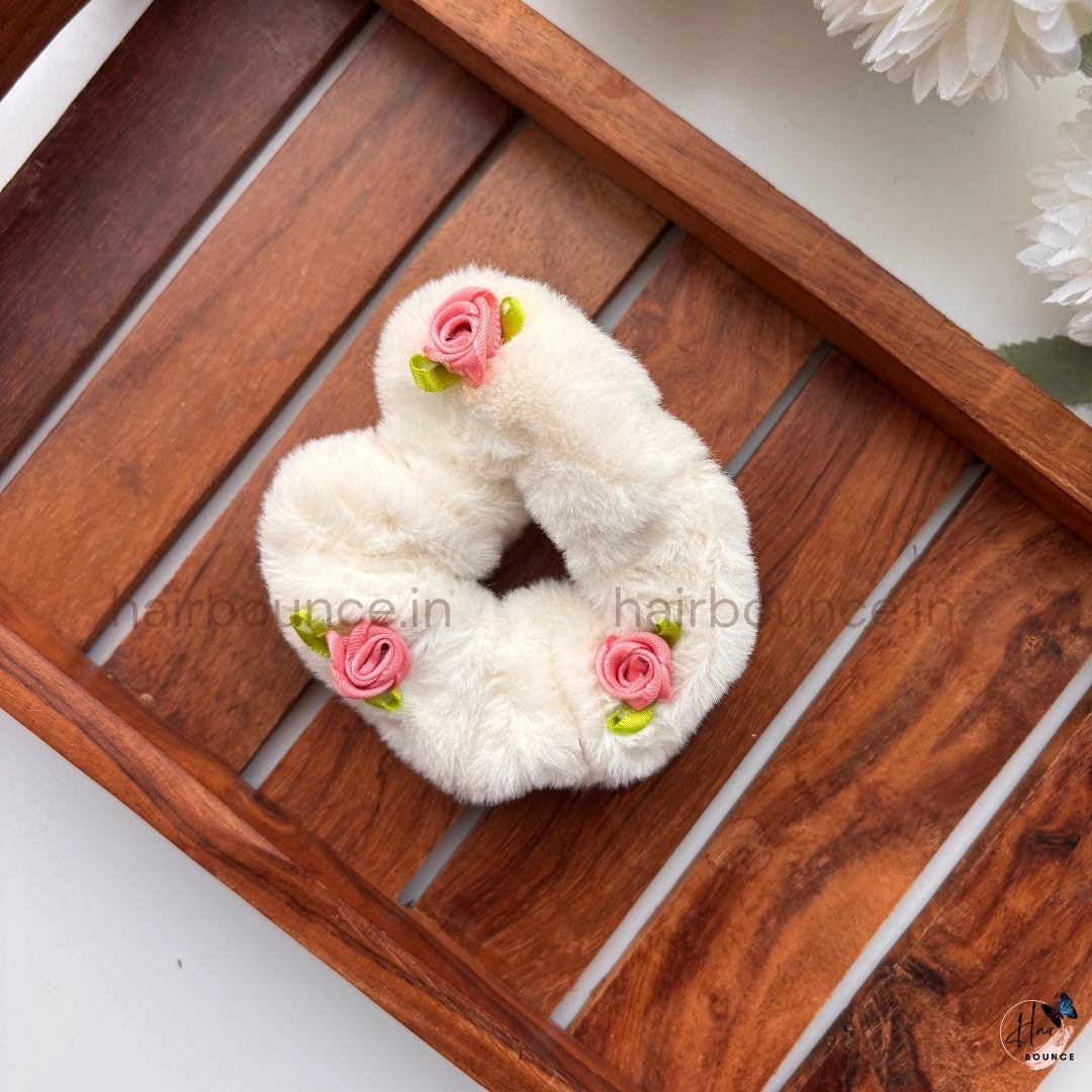 Fur Floral Scrunchie – Soft Plush Hair Tie with Rose Detail