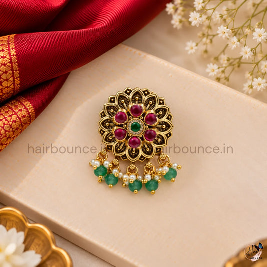 Premium Ruby Floral Kemp Hair Brooch with Green Bead & Pearl Hangings