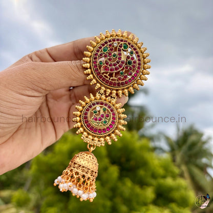 Peacock Kemp Jada Billa with Jhumka & Pearl Hangings
