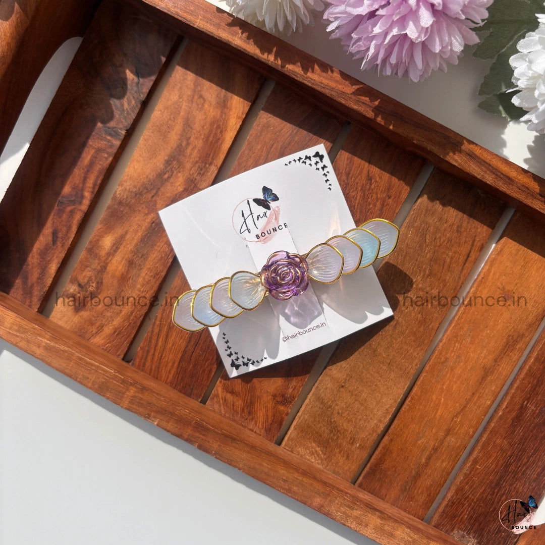 Lavender Rose Pearl Leaf Barrette Hair Clip